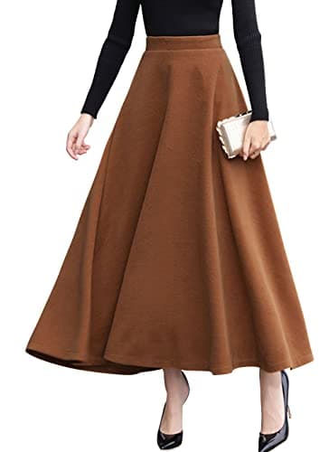 Vintage High Waist Wool Blend Plaid A-Line Maxi Skirt for Women — Pure Camel