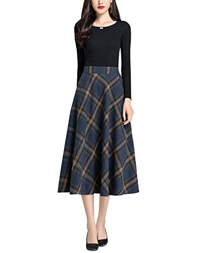 Artykey Women's High Waist Warm Plaid Wool Maxi Skirt S-3XL — F Dark Blue Length 76cm