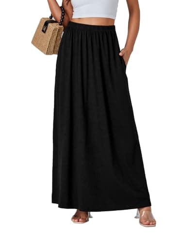 Vrtige Women's Casual High Waist Flowy Hem A-Line Maxi Skirt with Pockets