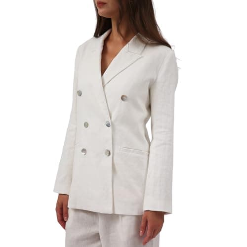 Amazhiyu Women's Pure Linen Double-Breasted Notched Long Sleeve Blazer with Pockets