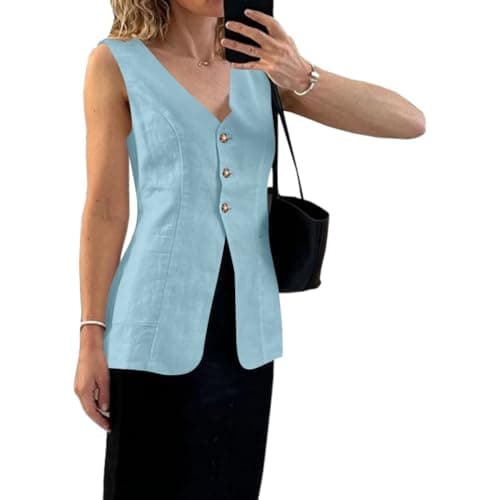 Melliflo Women's Summer Linen V-Neck Button Down Sleeveless Vest with Pocket — Sky Blue