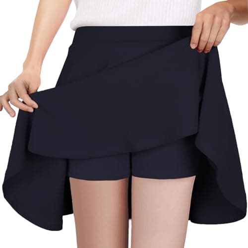 Women's Mini Flared A-Line Stretchy Party Skirts with Shorts — Navy Blue