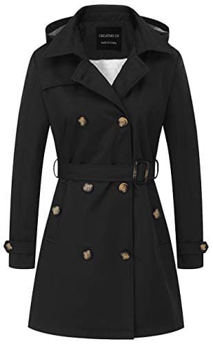 CREATMO Women's Classic Double-Breasted Trench Coat with Detachable Hood