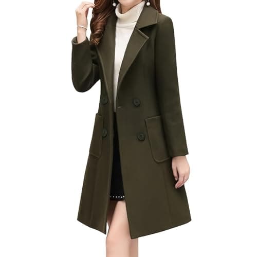 GVLDPOH Women's Mid-Length Wool Blend Double Breasted Overcoat — Army Green