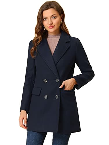 Allegra K Women's Belted Mid-Length Double Breasted Winter Coat — Navy Blue