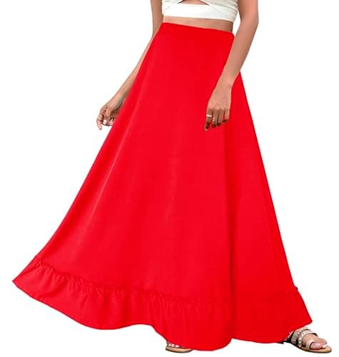Afibi Women's Plus Size Vintage High Waist Maxi Skirt with Pockets — Red