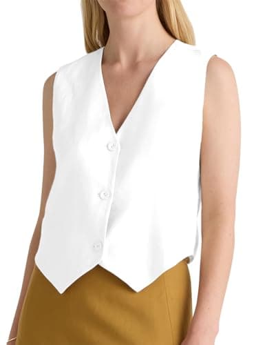 Casual Linen V Neck Button Down Tank Top for Women — White