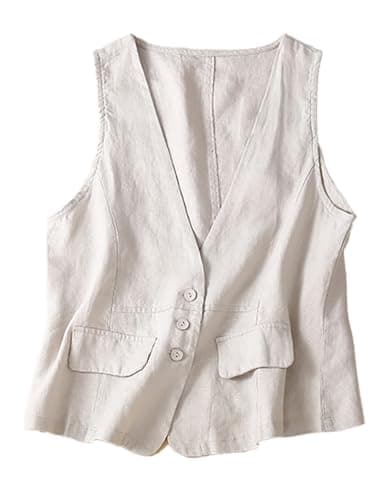 ULEMON Women's Linen Button Down Vest Top — Beige