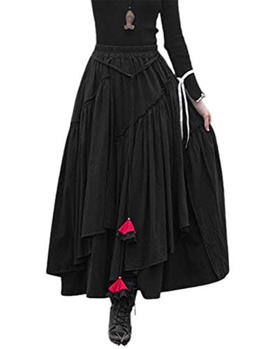 Womens Elastic Waist Retro Maxi Pleated Long Skirt — Black