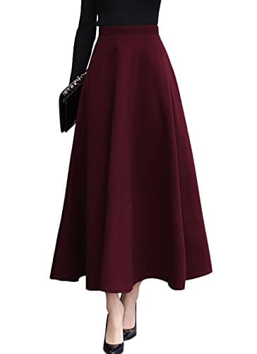 Vintage High Waist Wool Blend Plaid A-Line Maxi Skirt for Women — Pure Wine-red