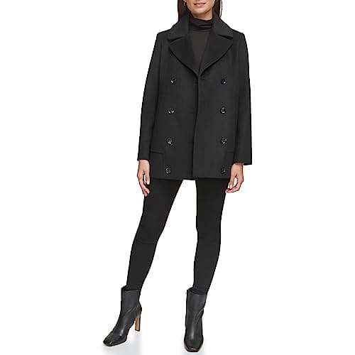 Kenneth Cole Women's Double Breast Wool Coat with Notch Collar Button Details