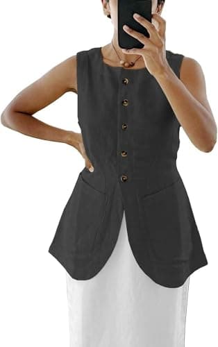 IDEWO Women's Lightweight Summer Linen Vest Blazer Pockets Casual Jackets