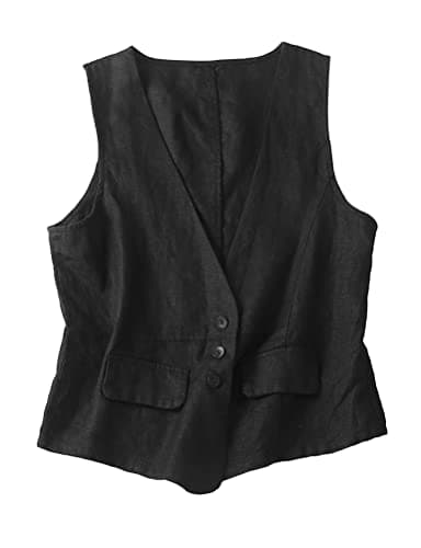 Womens Sleeveless Cotton Linen Vest V Neck Cardigan Jacket — Black