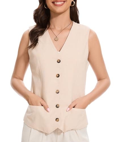 YOUNIFIZ Women's Lightweight Linen V-Neck Pocket Summer Vest — Apricot