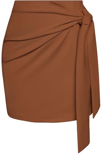 Kate Kasin High Waist Elastic Plaid Mini Skirt with Bow Tie Stretch — Brown