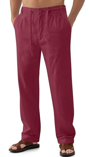 Janmid Men's Casual Linen Pants Elastic Waist Drawstring Yoga Beach trousers — Wine Red