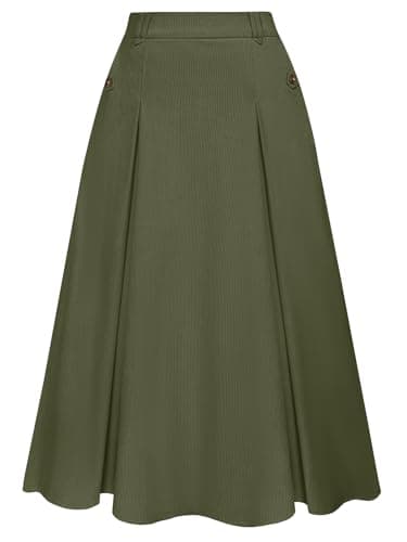 Vintage Corduroy A-line Midi Skirt for Women with Elastic Waist and Pockets — Dark Green