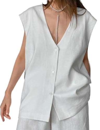 IDEALSANXUN Women's Linen V-Neck button-down Sleeveless Summer Top Vest