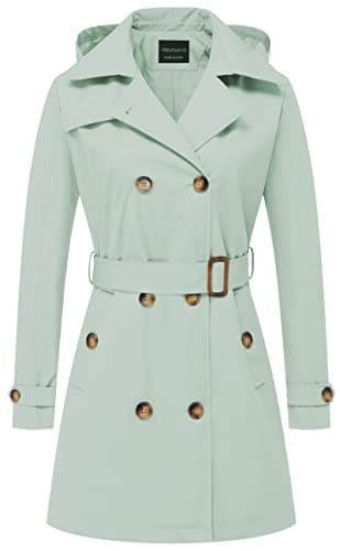 CREATMO Women's Classic Double-Breasted Trench Coat with Detachable Hood — Light Green