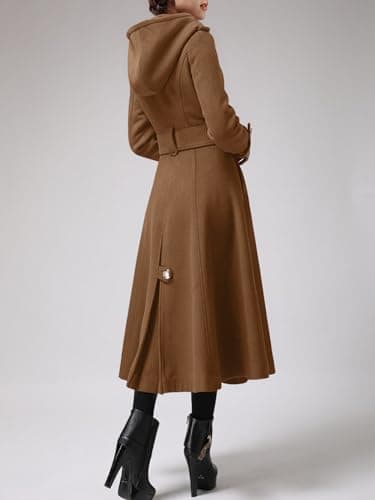 Cicy Bell Women's Winter Warm Long Double-Breasted Hooded Wool Trench Coat with Belts