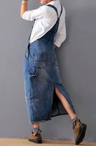 Chouuyaotou Women's Distressed Denim Overall A-Line Pinafore Dress with Split Adjustable Straps