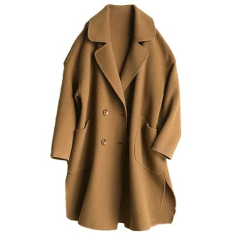Women's Autumn Winter Wool Pea Coat with Lapel Double Breasted Midi Overcoat