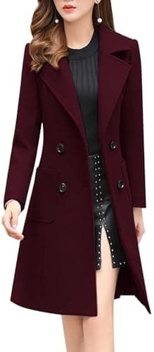 Elegant Women's Notched Collar Wool Blend Overcoat — Wine Red