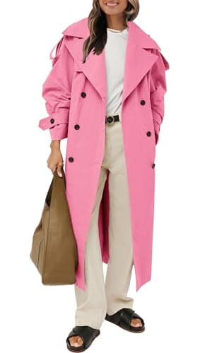 Womens Oversized Long Trench Coat Double Breasted Windproof Belted Overcoat — Pink
