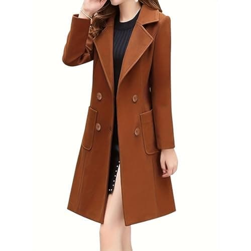 GVLDPOH Women's Mid-Length Wool Blend Double Breasted Overcoat — Caramel