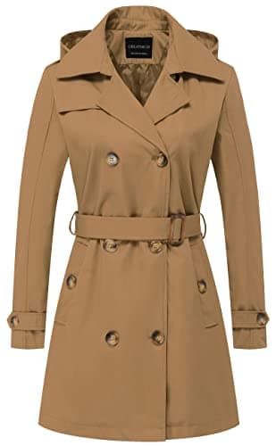 CREATMO Women's Classic Double-Breasted Trench Coat with Detachable Hood — Camel