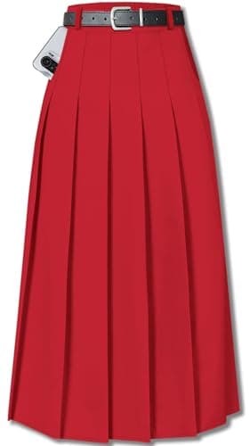 Cromoncent Womens High Waist Pleated Long Skirt with Pockets — Red
