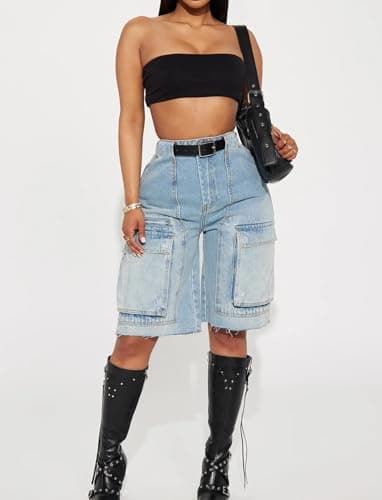 EZAPINE Women's High Waist Raw Hem Denim Shorts Summer Pockets