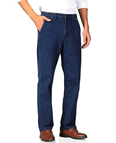Soojun Men's Relaxed Fit Elastic Waist Jeans with Zipper and Button — Dark Stonewash