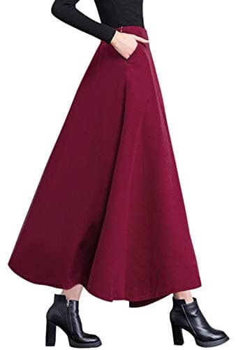 Women's Wool A-Line Maxi Skater Skirt for Fall Winter — Pocket-wine