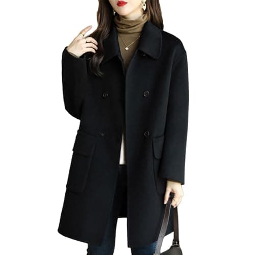 BININBOX Women's Mid Long Thicken Double Breasted Pea Coat with Pockets — Black