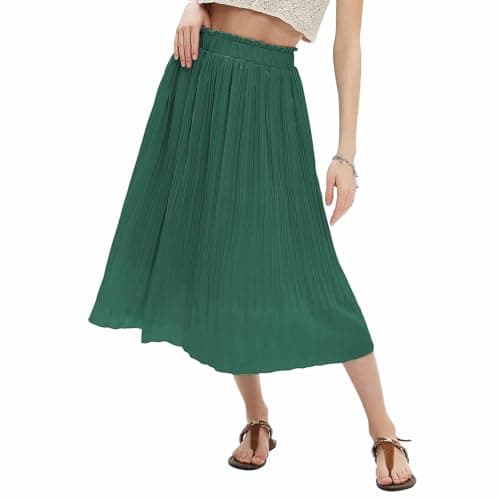 EXLURA Women's High Waist Pleated Polka Dot Maxi Midi Skirt with Pockets — Solid Green