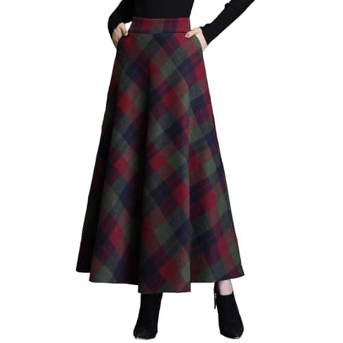 FX Women's Plaid Wool High Waist A-Line Maxi Skirt with Pockets