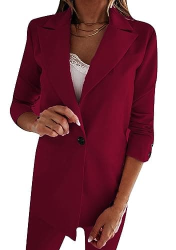 WIWIQS Women's Comfortable Long-Sleeve Open Front Blazer Suit — Slim Wine Red