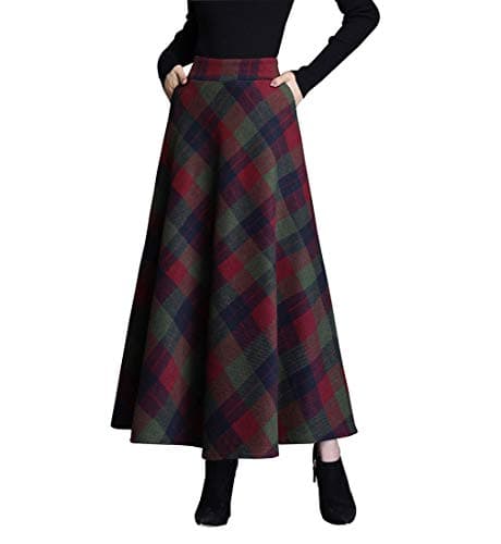 Biilyli Women's Elegant Plaid Wool High-Waisted Maxi Skirt