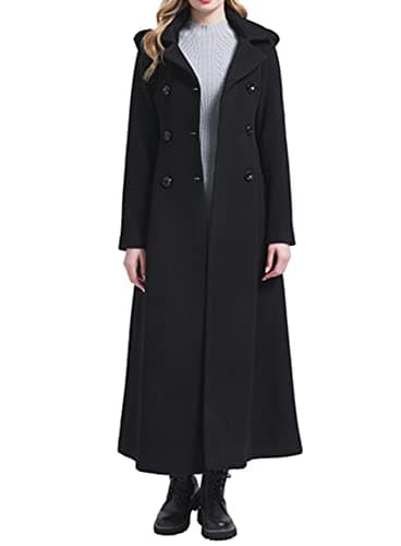 PENER Women's Classic Long Wool Trench Coat Winter Thick Double Breasted Jacket — Black Hooded Long-style 15