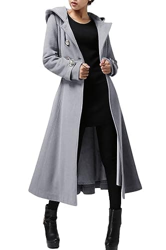 Cicy Bell Women's Winter Warm Long Double-Breasted Hooded Wool Trench Coat with Belts — Grey