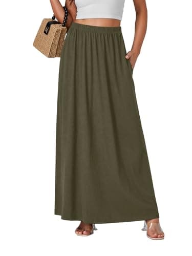 Vrtige Women's Casual High Waist Flowy Hem A-Line Maxi Skirt with Pockets — Army Green
