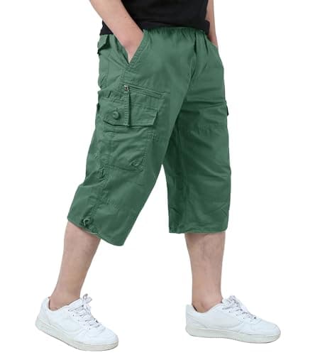 EKLENTSON Men's 3/4 Cargo Shorts with 7 Pockets — Pea Green