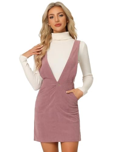 Allegra K Women's Corduroy V-Neck Mini Pinafore Dress — Pink