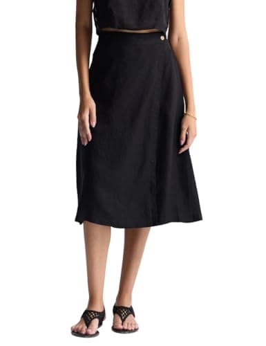 IDEALSANXUN Women's Linen High-Waisted A-Line Midi Skirt with Slit — Black