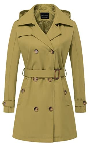 CREATMO Women's Classic Double-Breasted Trench Coat with Detachable Hood — Olive Yellow