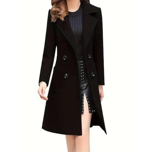 GVLDPOH Women's Mid-Length Wool Blend Double Breasted Overcoat — Black