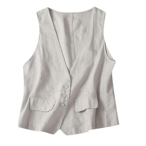 Vintage Deep V Neck Lightweight Sleeveless Coat for Women — Light Gray