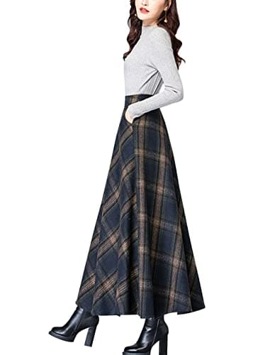 Ebossy Women's Vintage Wool Blend Plaid A-Line Maxi Skirt with Pocket