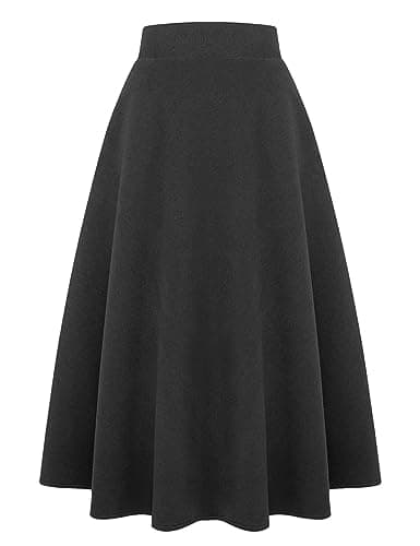 Women's Long Plaid Wool Skirt for Winter: High Waisted A-line Flare — Pure Dark Grey